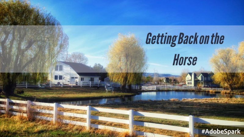 scenic image of a fence and pond with a horse staring at the camera from a distance; text overlay "Getting Back on the Horse"