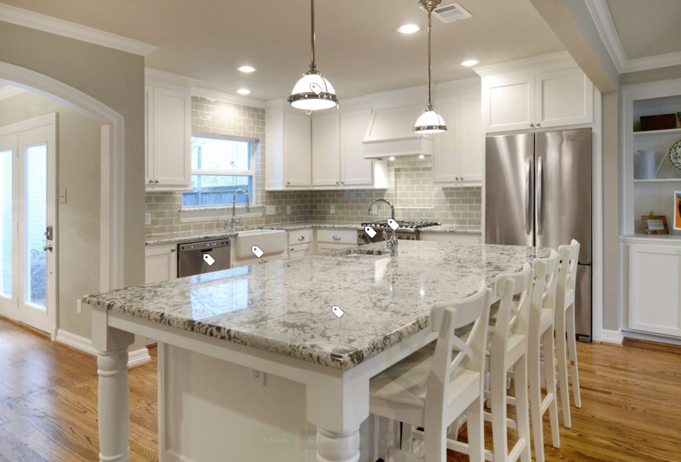 kitchen, white cabinets, granite counters, wood floors